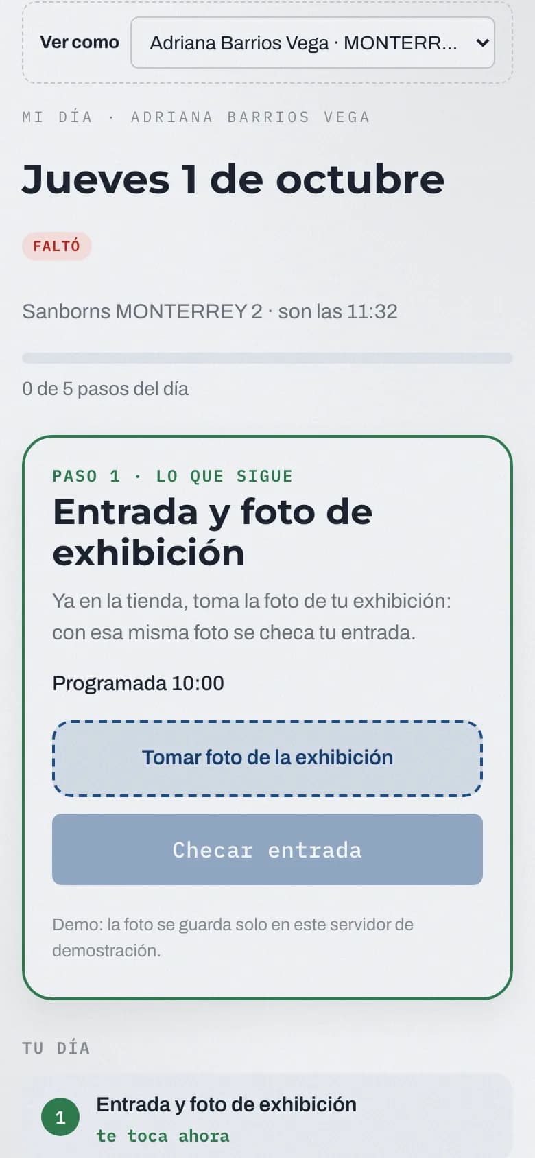 Mi día del promotor. El promotor checa entrada con foto y GPS desde su celular, paso por paso.